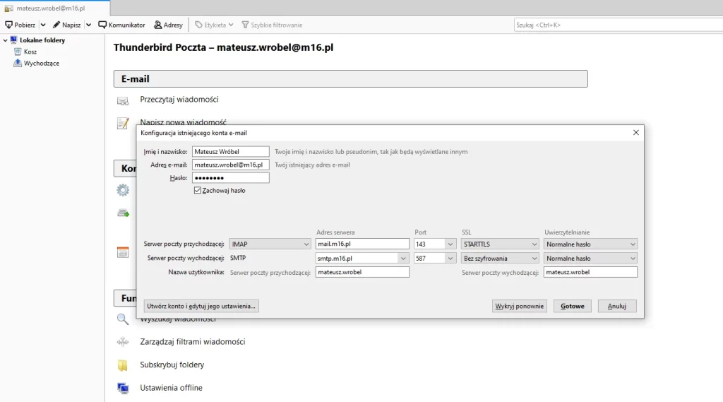 dodawanie konta thunderbird